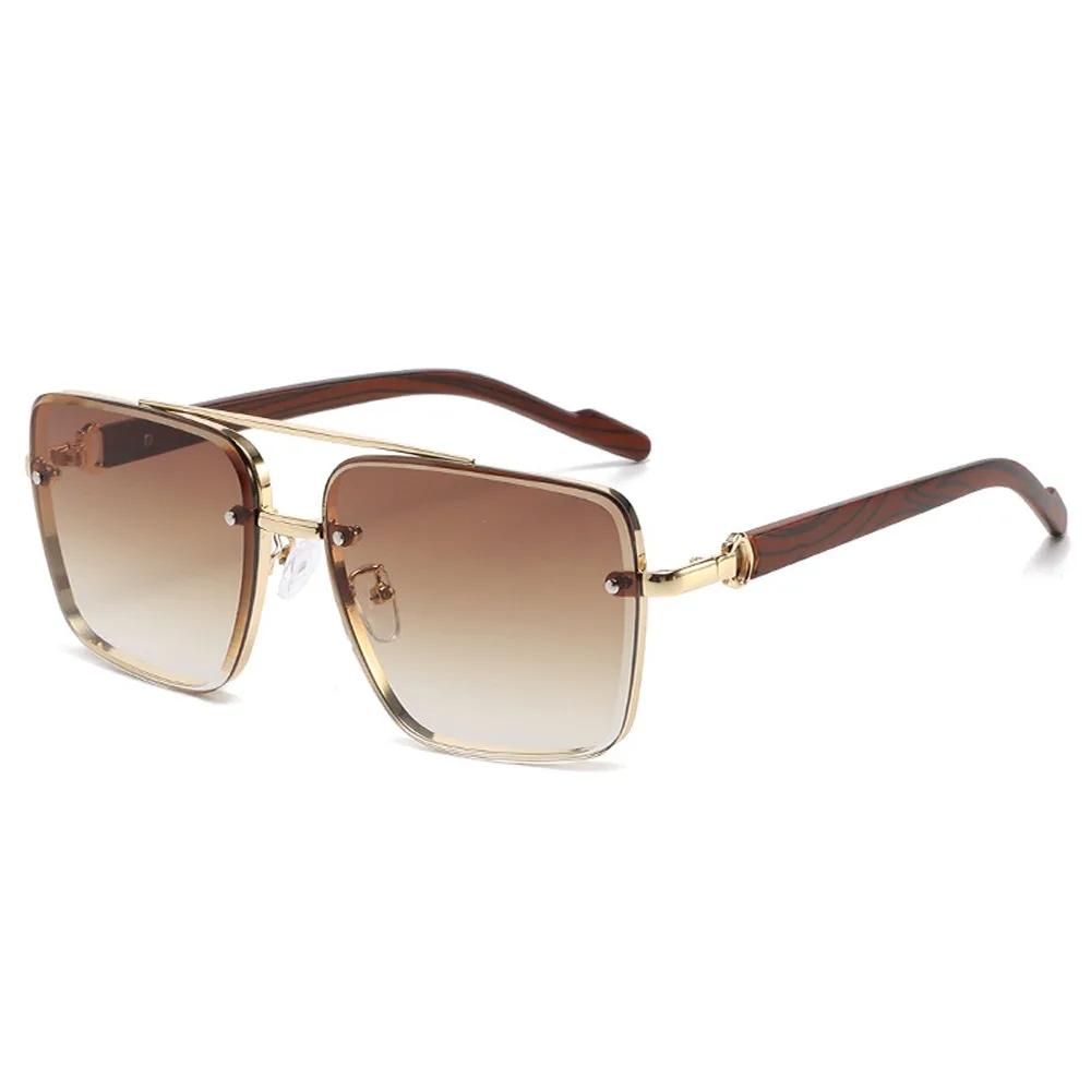Double Bridge Metal Sunglasses Wood Grain Temple Gradient Lenses Summer Shades Square Frame Men's Driving Sun Glasses Unisex