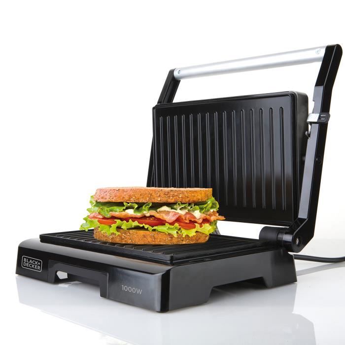 BLACK+DECKER BXGR1000E Sandwich Maker 1000W, Plates 23x14.5cm, Cool-touch Handle, Self-adjusting Top Plate