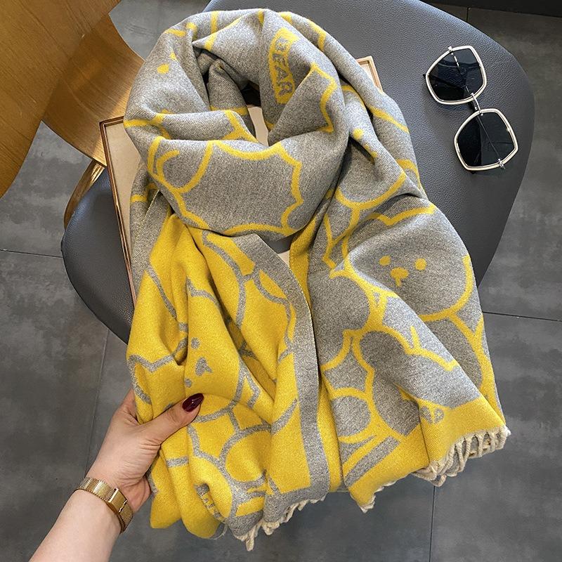 Cute bear student imitation cashmere scarf, high-end lady soft girl fringed shawl, warm and thickened scarf.
