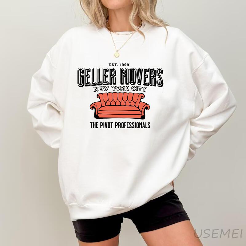 Geller Movers Est 1999 New York City Friends Printed Sweatshirt Vintage 90s TV Show Pullover Womens Clothing Unisex Streetwear S