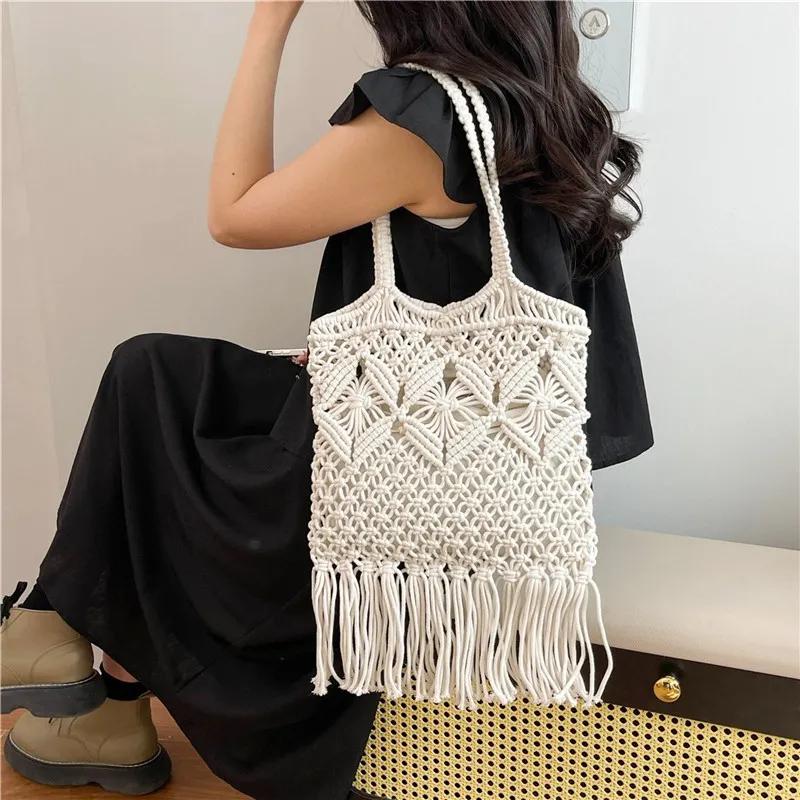 WTEMPO Straw-woven Bag Retro Hollowed-out Hand-woven Single-shoulder Cotton Thread Crossbody Bag Casual Vacation Bucket Beach Bag