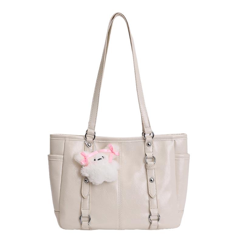 

Korean Tote Bag For Women Large Capacity Shoulder Bag With Cute Charm Side Pockets Student Commuting Handbag Daily Shopping Bag