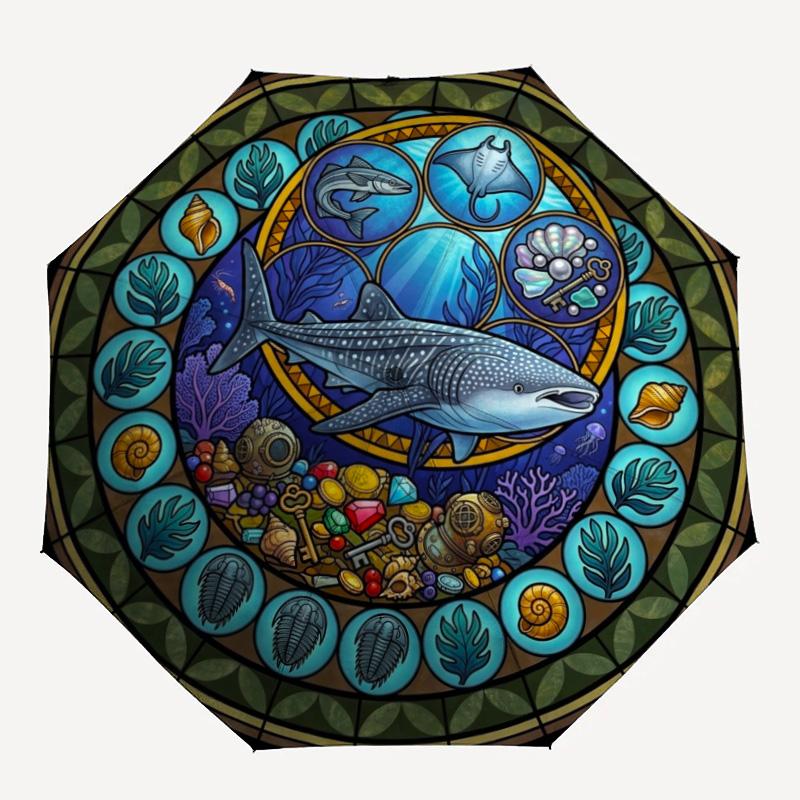 Ocean Life Glass Pattern Umbrella, Portable and Foldable Design, 8 Ribs, a Casual Accessory for Halloween, Christmas, and Birthday Gifts.