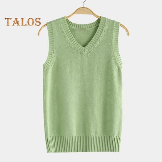 Women Knitting Vest V-Neck Sleeveless Ribbed Trim Solid Color Vest Tops Autumn Winter Loose Fit Knitwear