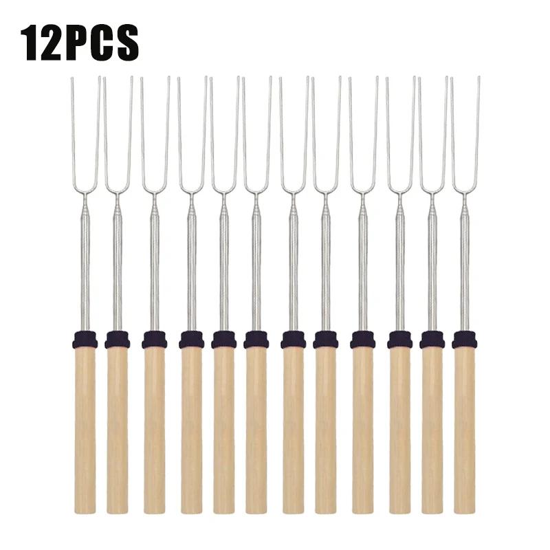 Telescoping Campfire Forks 32 Inch Stainless Steel BBQ Grill Skewer Marshmallow Roasting Sticks for Picnic Smores Cooking