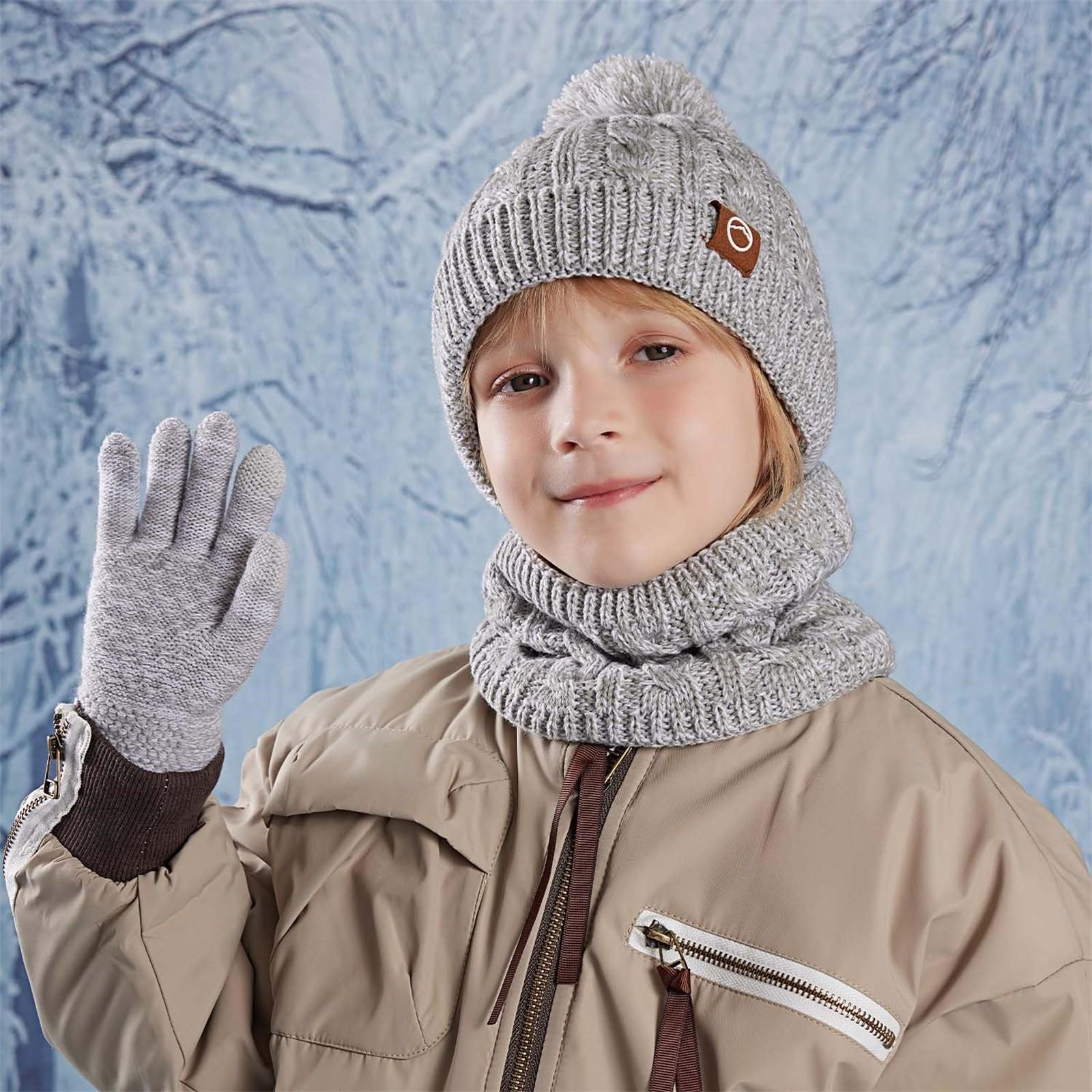 

Детский зимний комплект из шапки, перчаток, шарфа, для девочек и мальчиков, комплект из помпонов, шапок, перчаток, вязаный комплект с толстой флисовой подкладкой для 4-10 детей One Size