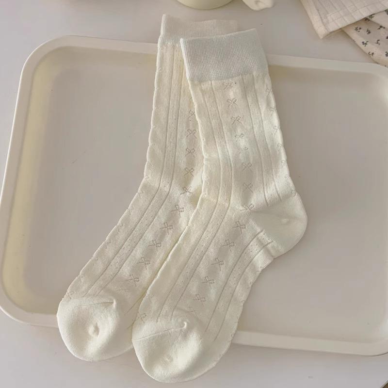Women's Spring and Summer Thin Bow Tied Pure Cotton Mesh Mid Calf Socks