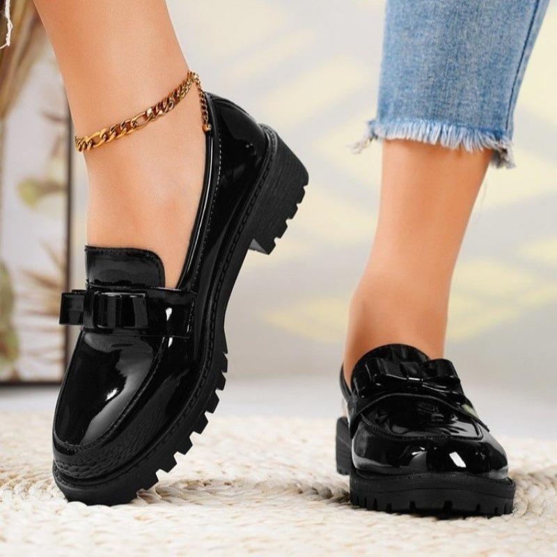 Medium Glossy Heel Women's New Loafers Large Size Fringed Patent Leather Fashion Casual Retro Single Shoes