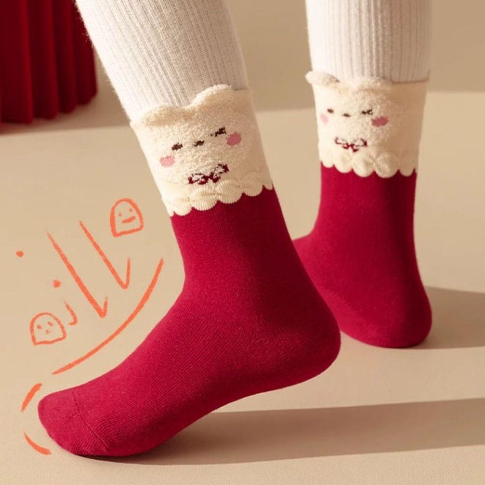 5Pairs Bowknot Children New Year Socks Stripe Kids Hosiery Fashion Cartoon Red Socks Gifts