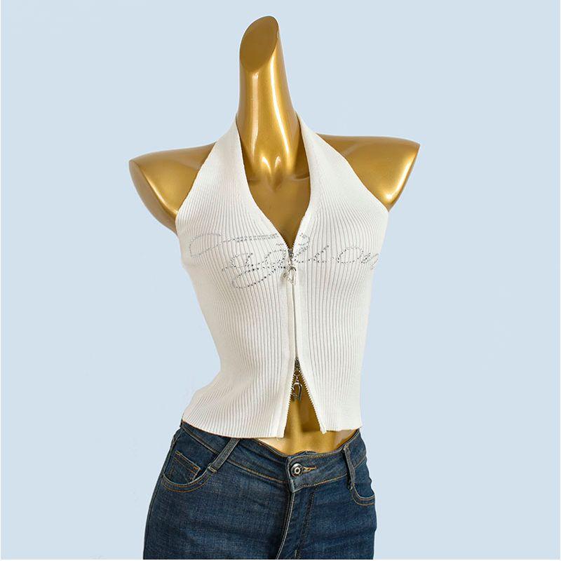 Fashion Sexy Rhinestone Knitted Small Tank Top Vest Women's Summer Inner Wear Halterneck Bandeau Sexy Short Tops Outerwear