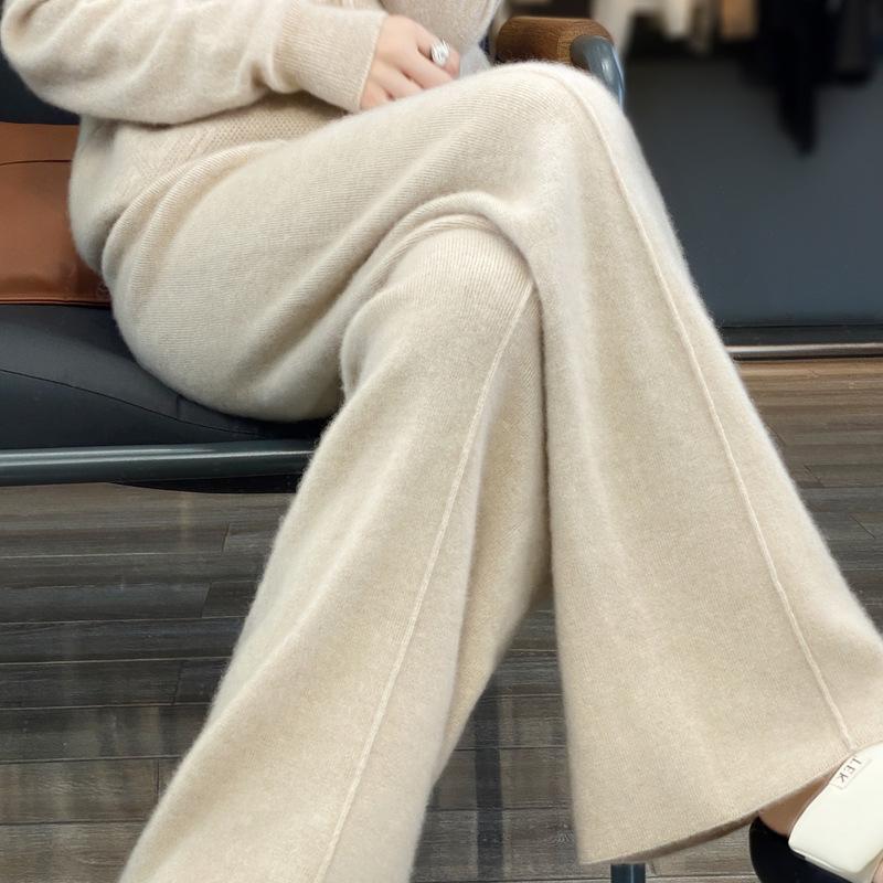 

Женские шерстяные брюки с высокой посадкой и широкими штанинами на осень/зиму 2025 года - Длинные до пола, Повседневные драпирующиеся вязаные брюки S