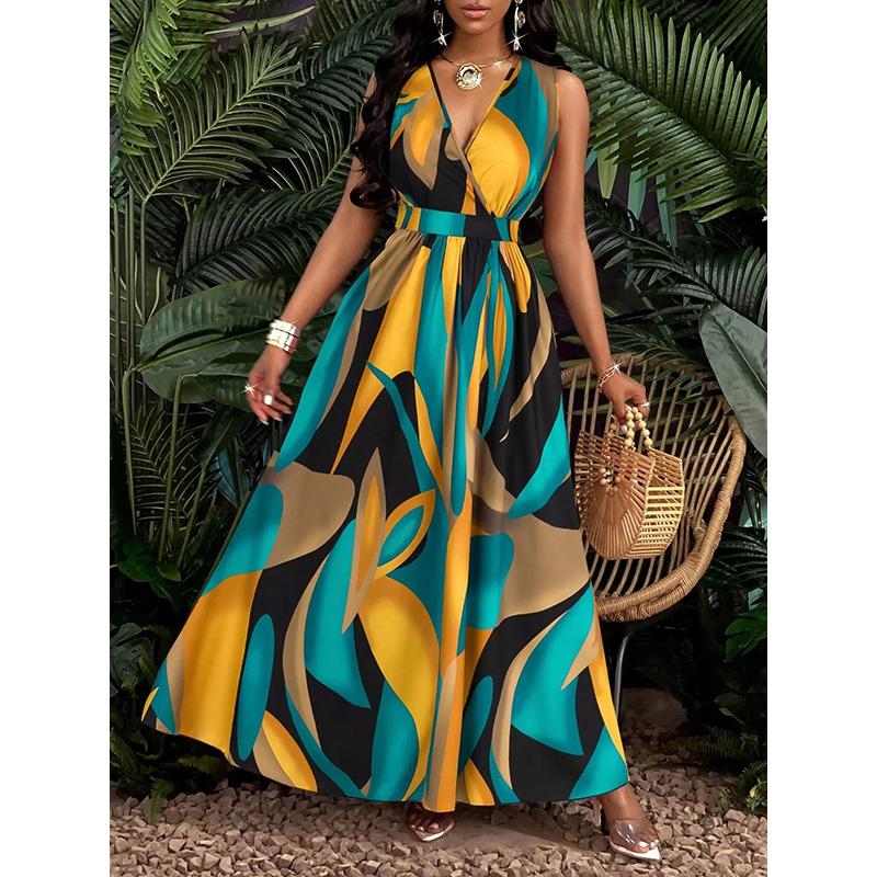 Women s Tropical Print V-Neck Ribbed Knit Midi Dress Twist Waist Bodycon Flared Hem Long Sleeve S жёлтый