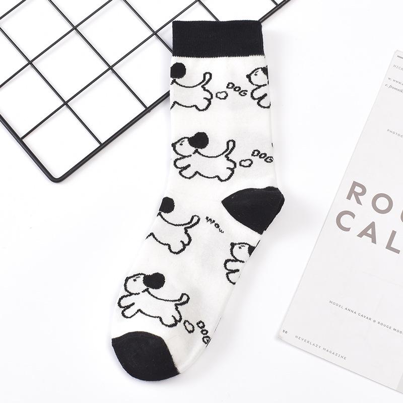Socken in japanischem Stil mit Tiermuster, mittellang: Kuh, Zebra, Katzen-Design, Unisex, Schwarz & Weiß