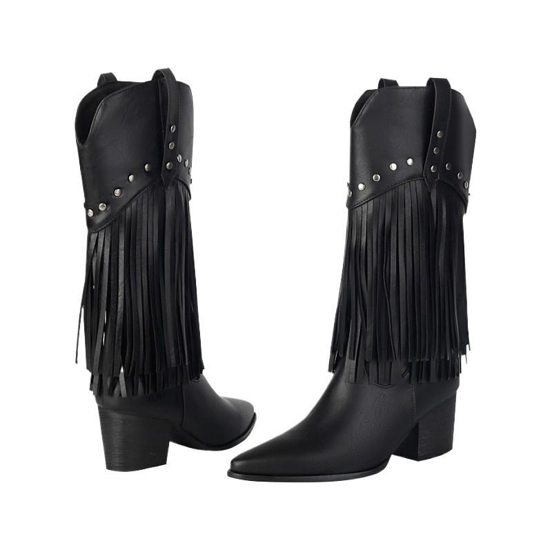 Womens High Shaft Boots With Fringe Detail PU Leather Pointed Toe Side Zip Winter Fashion Boot In Black Brown