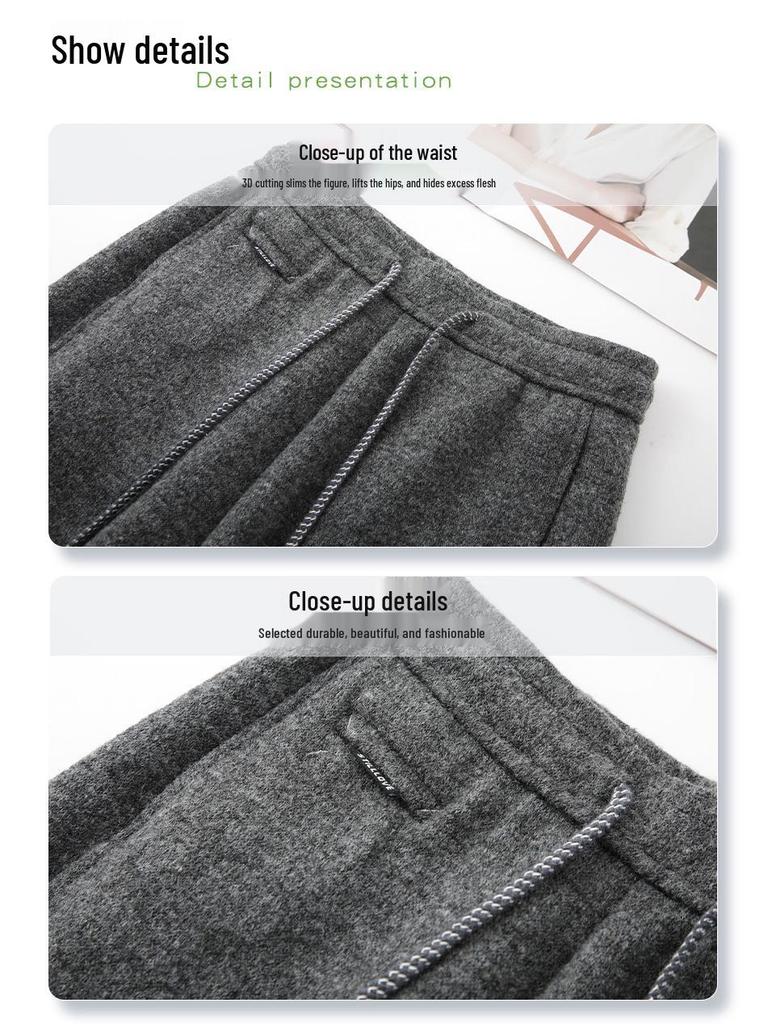 2025 Women's Gray Wide-Leg Wool Pants: Winter Thickened, Soft, and Stylish with a Casual, Drape Design