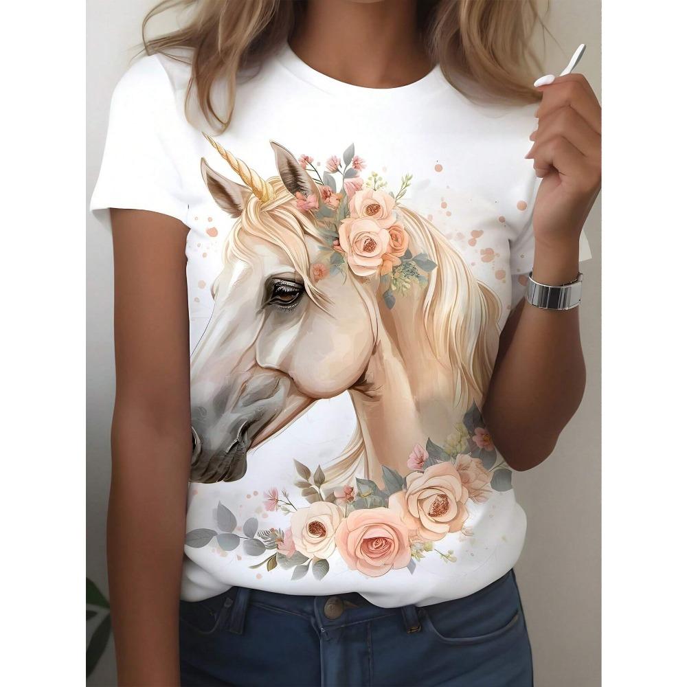 Women's Short Sleeve Round Neck T-Shirt, Summer Graphic Tees Women Tops