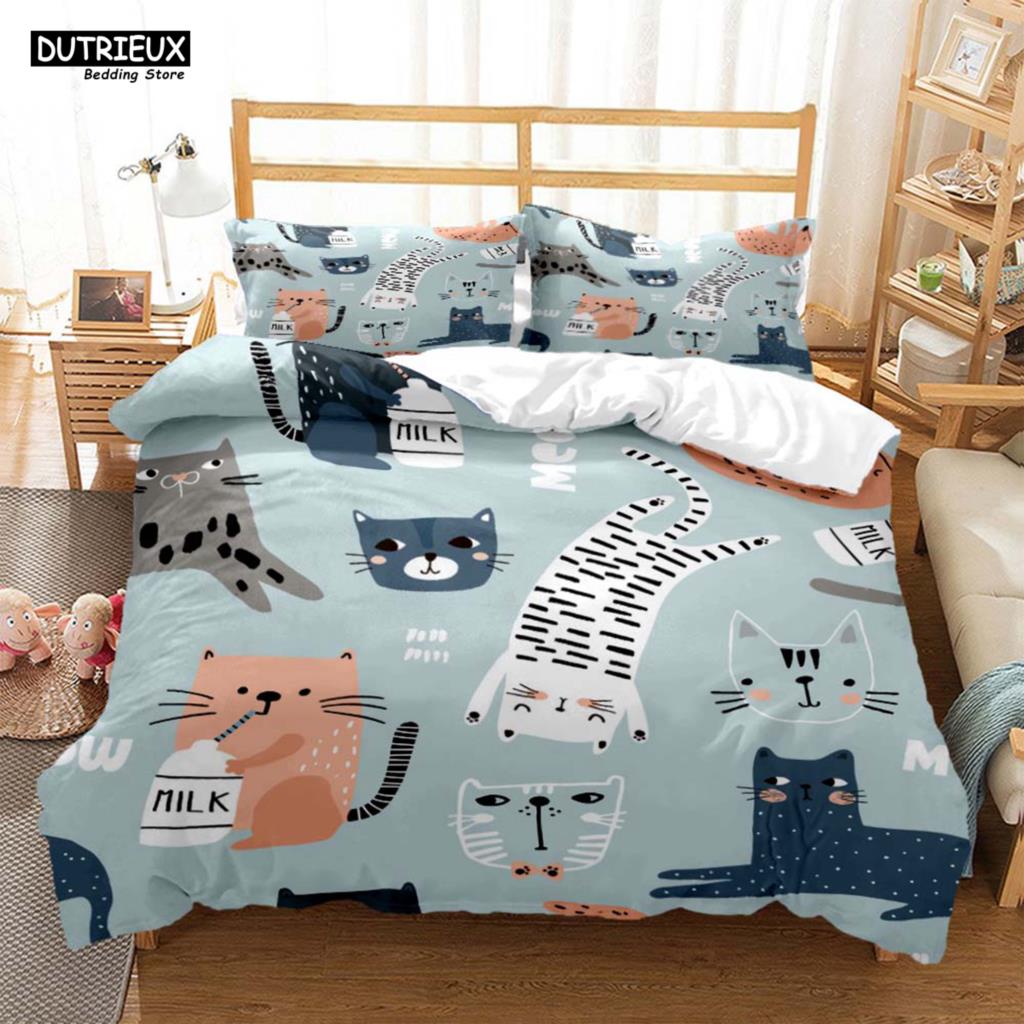 Cute Cat Print Quilt Cover Pillow Cover  Bedding Set Luxury Queen Bedding Set Cute Style Customized  children‘s  Bedding Set