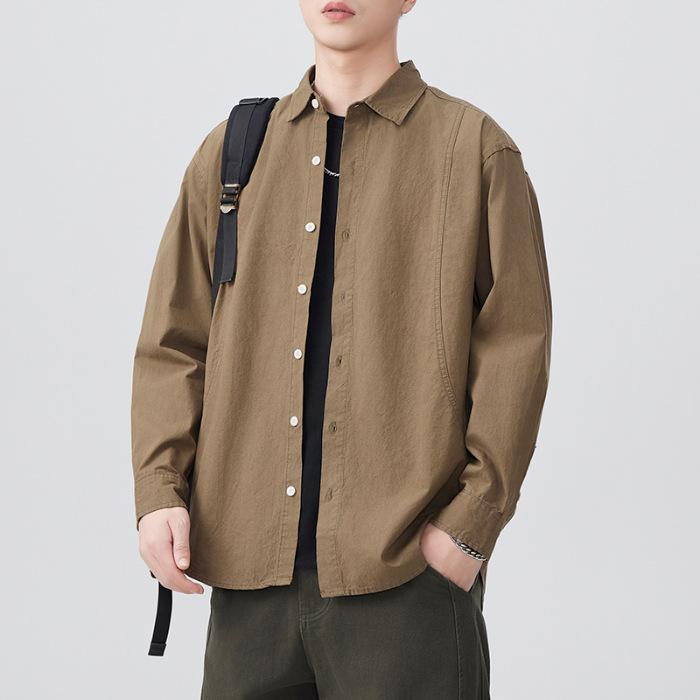 

New Japanese Retro Spring Long-sleeved Casual Shirt for Men s Pure Cotton Shirt Solid Color Shirt M