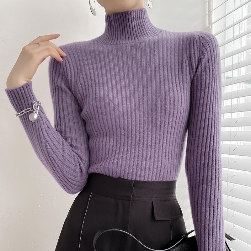 

Осенне-зимний женский трикотажный свитер с длинным рукавом и полувысоким воротником, прилегающего силуэта, женская однотонная полосатая базовая футболка, топ, тонкий внутри XXL