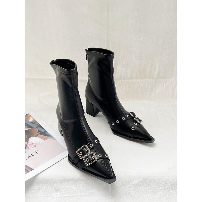 2025 Autumn and Winter Pointed Belt Buckle Thick Heel Short Boots Women's European and American Style High Heel Rear Zipper Soft Leather Thin Short B