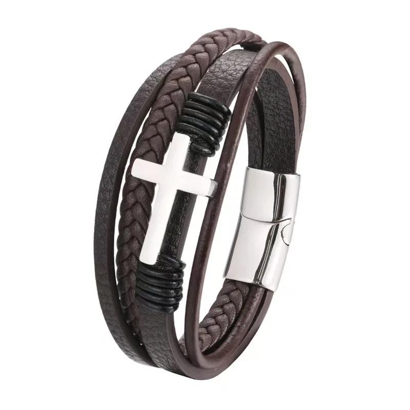 Punk Style Multilayer Leather Cross Stainless Steel Bracelet for Men Personality Hand Woven Magnet Buckle Bangle Hip Hop Jewelry