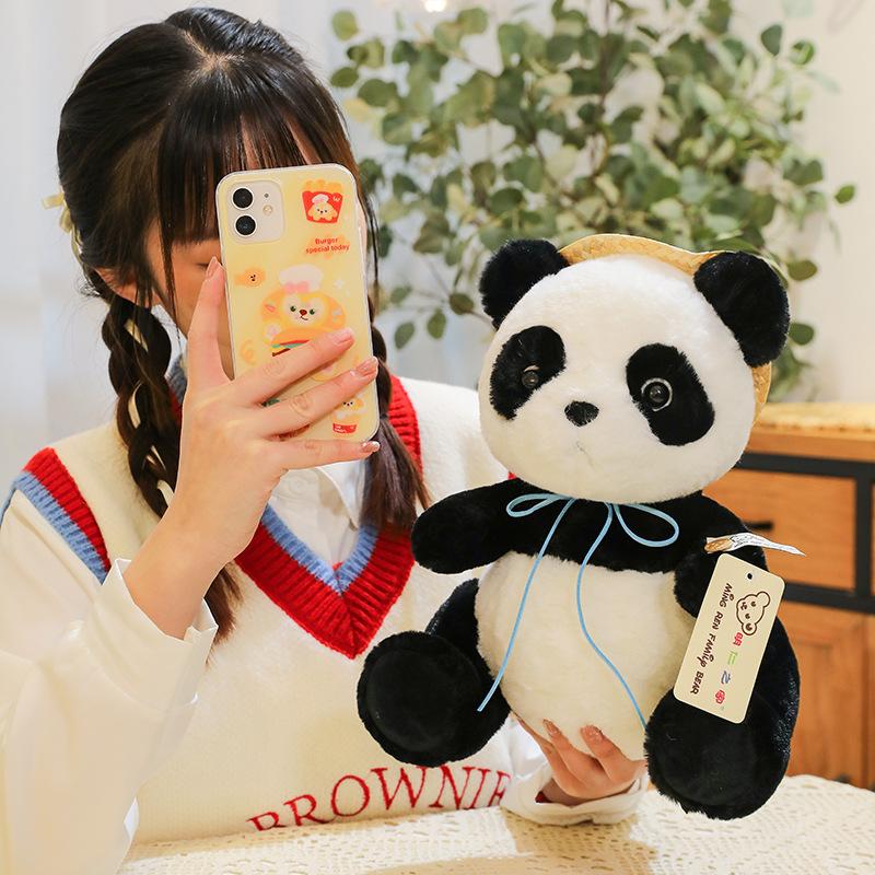 New Straw Hat Panda Plush Toy Simulation Fisherman Hat National Treasure Doll Doll Children's Furniture Ornaments Gifts