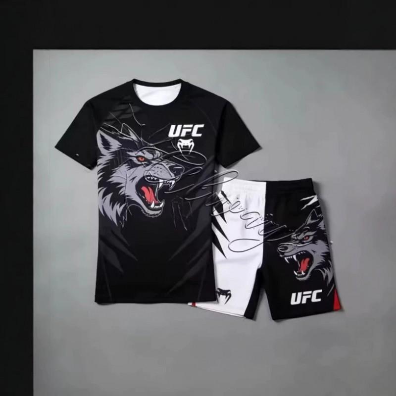 Atmungsaktives MMA Trainingsset für Herren 3D Digitaldruck Kurzarm-T-Shirt Shorts Sportbekleidung
