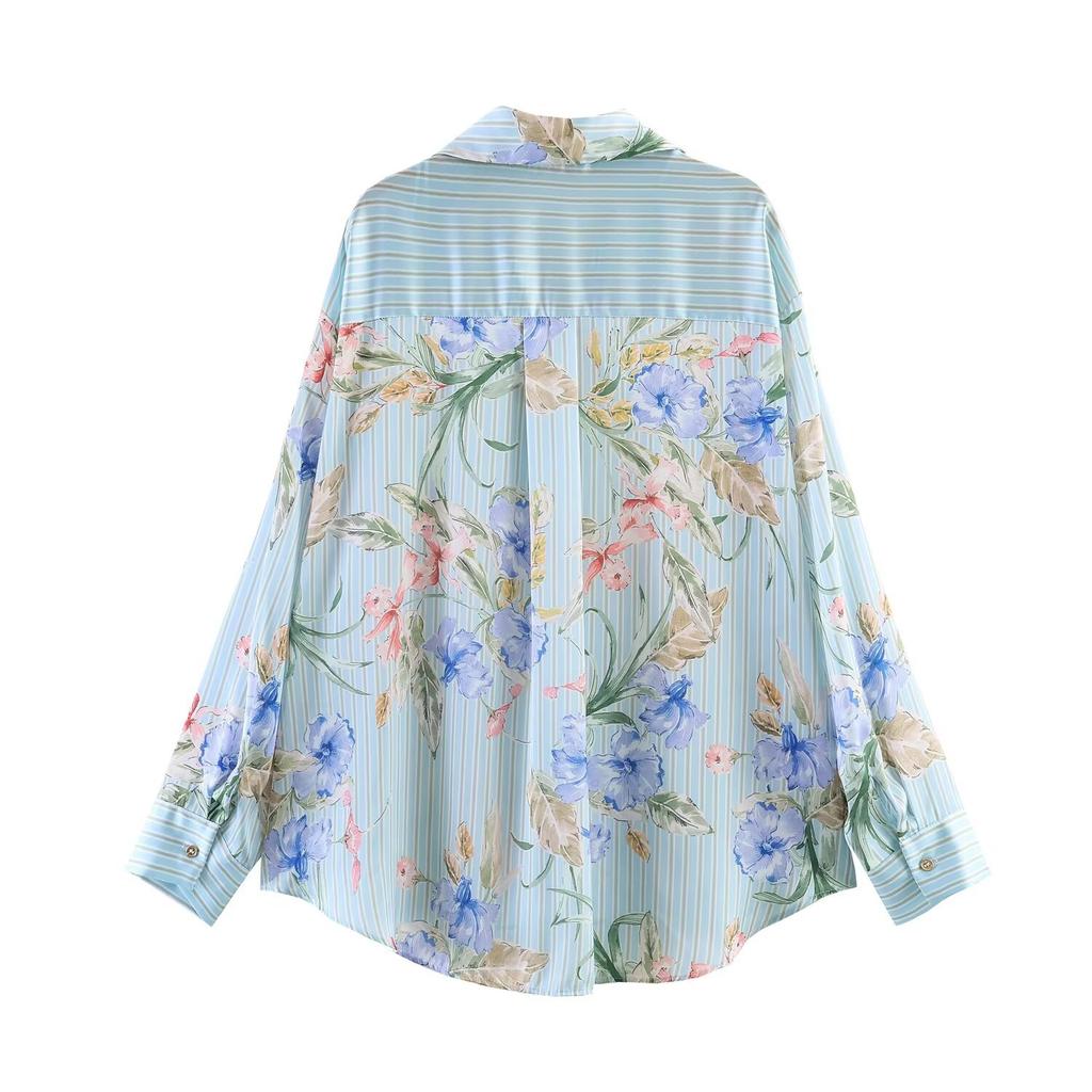 European and American Style, New Women's Clothing, Foreign Style, Flower Printing Silk Satin Texture Shirt 3564119
