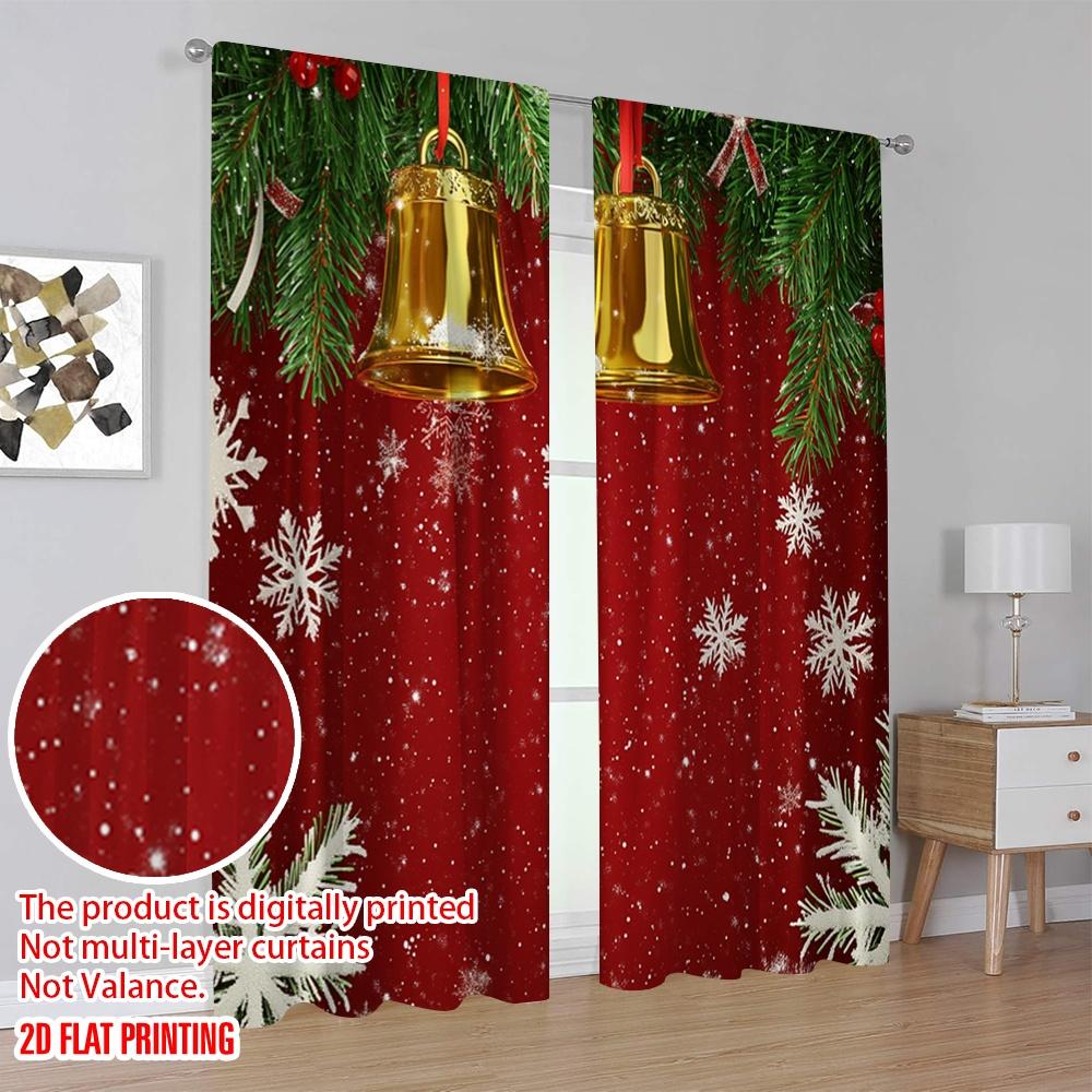 2pcs,2D Plane Printing Popular Curtain Panels Christmas Bell Snowflake Garland Polyester Easy Install (without Rod) Home Decor