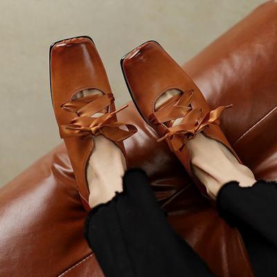 Cow Skin 2025 Spring Size 40 Thick Low Heels Women Square Toe Hollow Decoration Summer Loafers