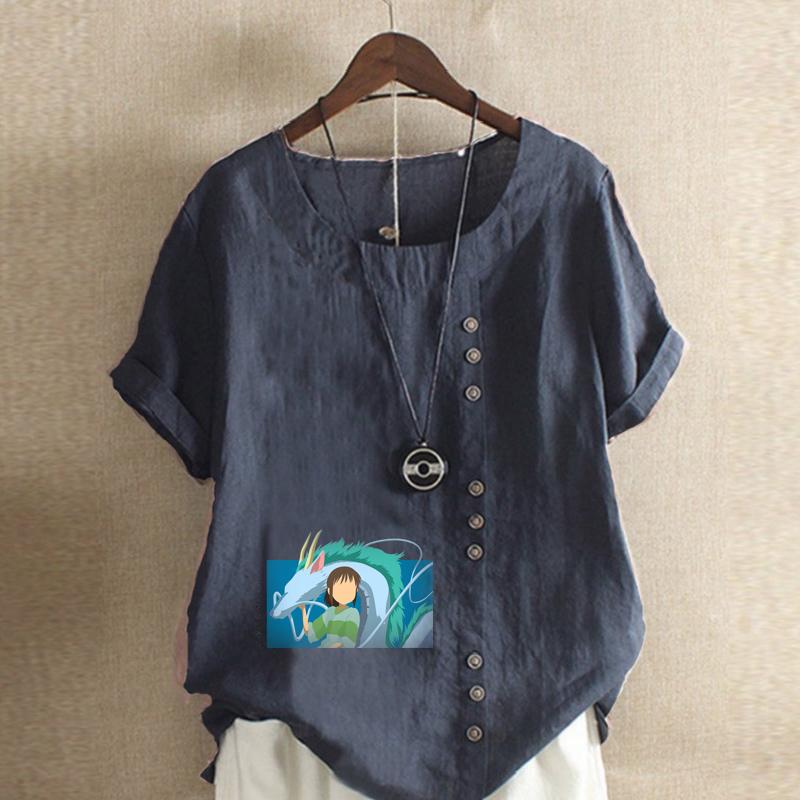 Women's Fashion Cartoon Characters Print Short Sleeve T-shirt Loose Cotton Shirt Casual Loose Summer Blouse Tops