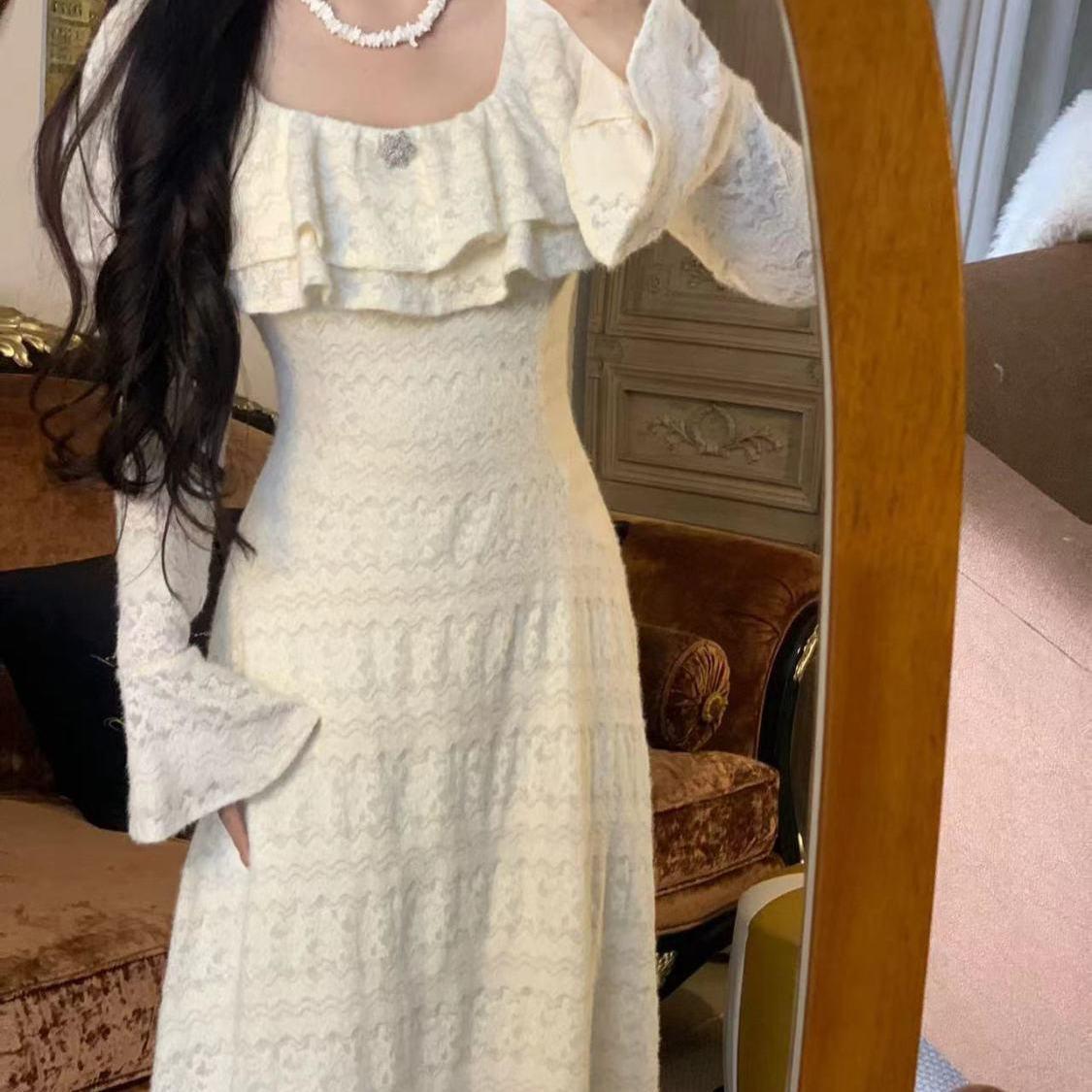 Wind Lace Women s Dress: Autumn Winter French Court Style Mid-Length Skirt XL