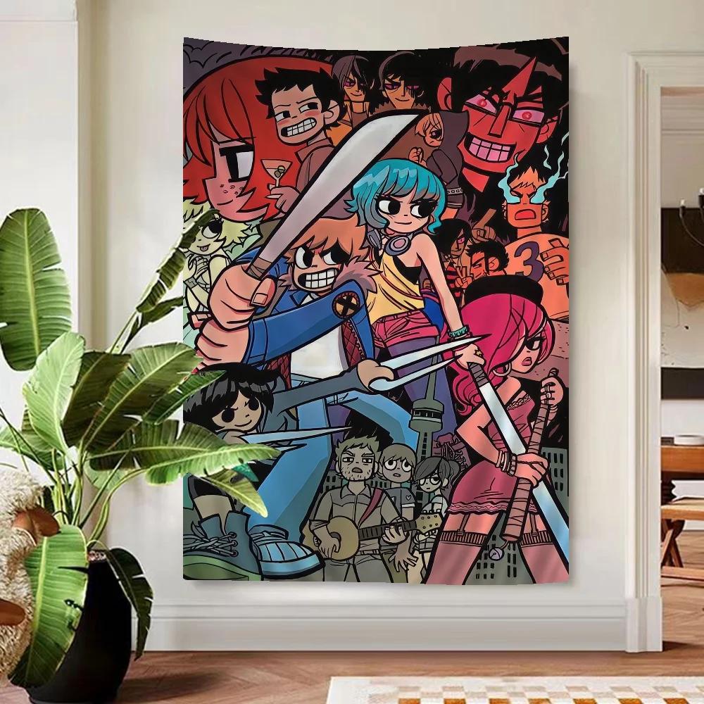 

Scott Pilgrim vs the World Tapestry Retro Comic Collage Design Manga Print Wall Hanging Ideal for Indie Comic Book Fans 74x94cm(29x37in)