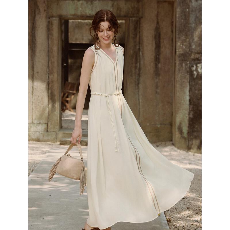 ELLE French Color-block Embroidered V-Neck Sleeveless Dress M