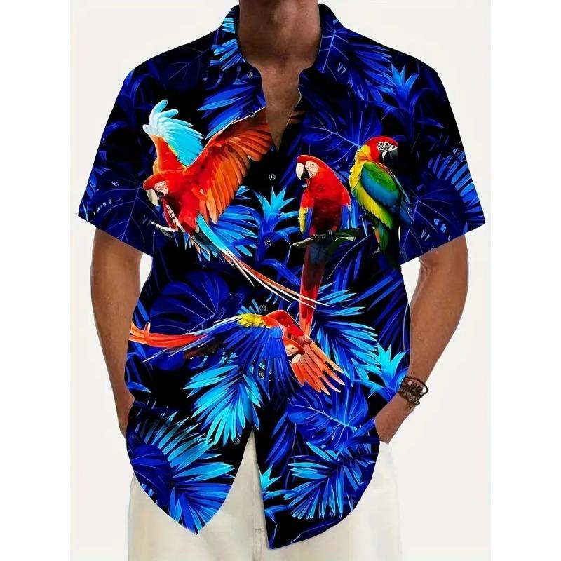 Herren lebendiger Papagei tropischer Blumendruck Hawaiihemden lässig kurzärmelig Knopfleiste Strandhemd für Herren Sommer