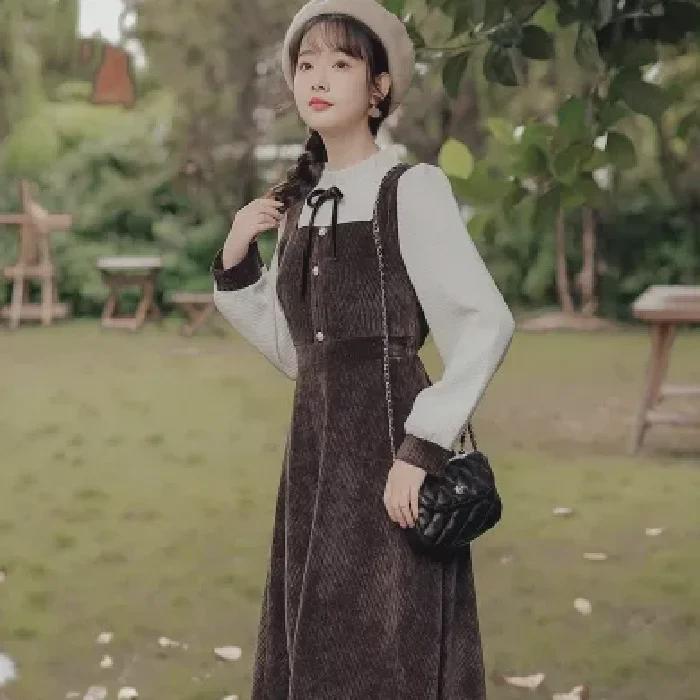 [Hochelastischer Cord] Französisches Retro-Mantelkleid mit Rüschen