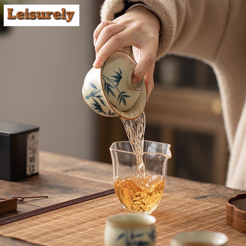 150ml Hand-painted Bamboo Gaiwan Japanese Cream Ru Kiln Three Talented Tea Tureen Tea Maker Cover Bowl Chinese Teaset Collection
