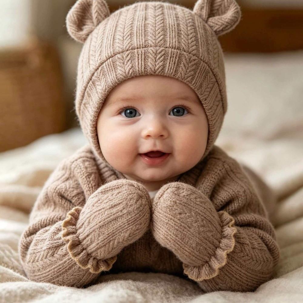 Knitted Bear Ear Earflap Hat Ear Protection Baby Hat Glove Set Fashion Children's Winter Hat  Girls