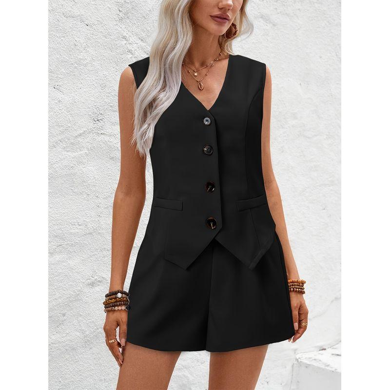 Western Style New Fashion Casual Loose V-neck Button Vest Shorts Set Vest and Shorts Set