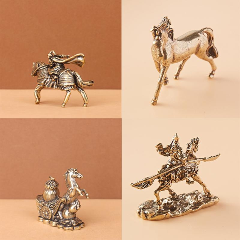 Antique Brass Solid Long Tail Horse Figurine Miniature Ornament Copper Zodiac Animal Mini Office Desktop Decoration Craft