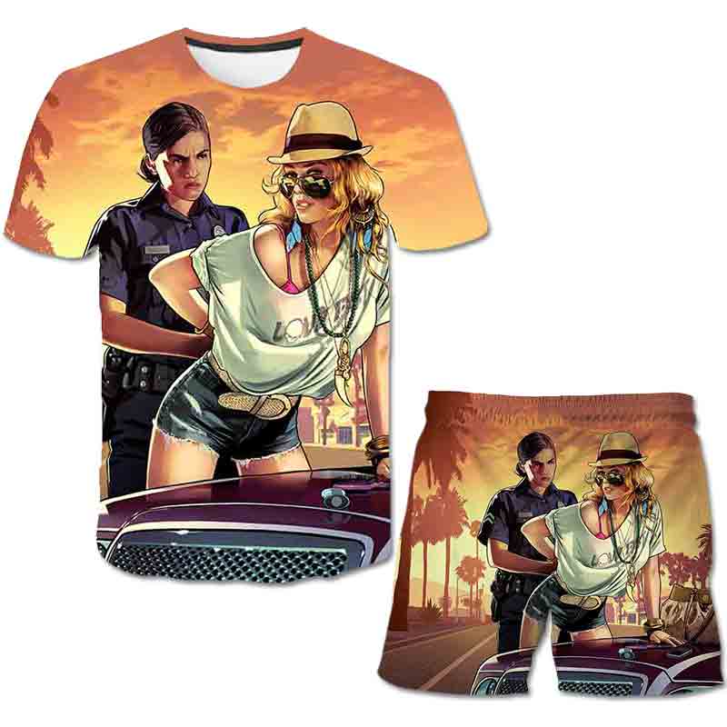 Summer Children Game GTA 5 Clothes Sports Clothes For Baby Girl Boy Tshirts 2 Piece Set Kids Baby Children 1-14 Years Clothing