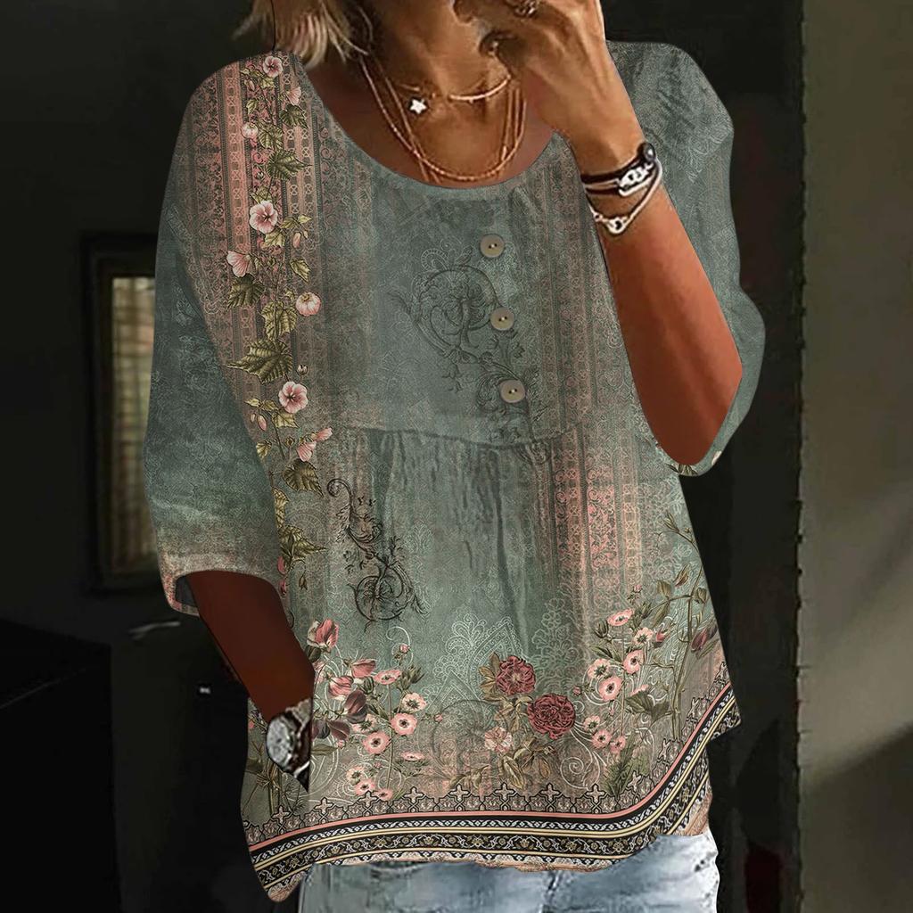 Women's Casual Fashion Three-quarter Sleeve Loose Round Neck Button Retro Print Top