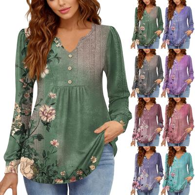 Camiseta Feminina Relaxada, Gola V, Cor Vintage, Bloqueada com Estampa Floral, Manga Longa, Pulôver