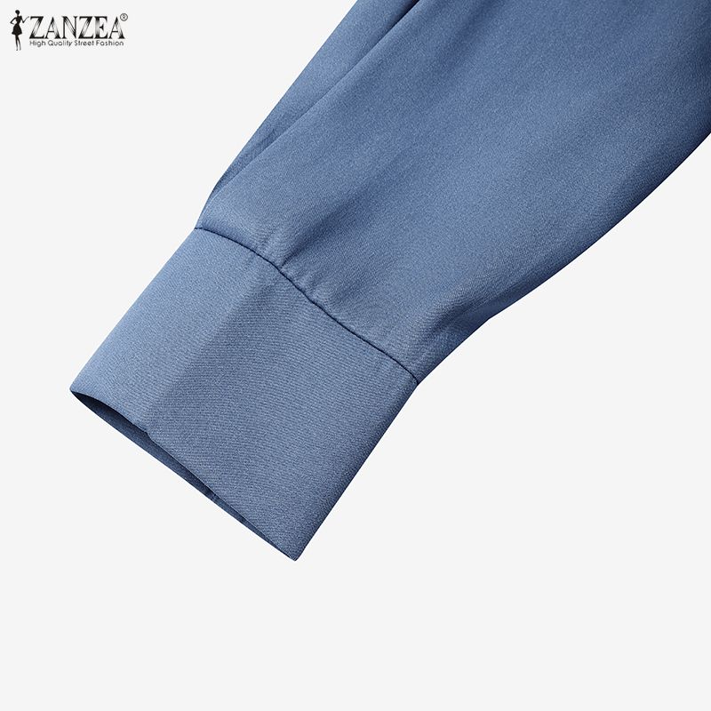 ZANZEA Women Casual Turn Down Collar Loose Long Sleeve Patchwork Blouse