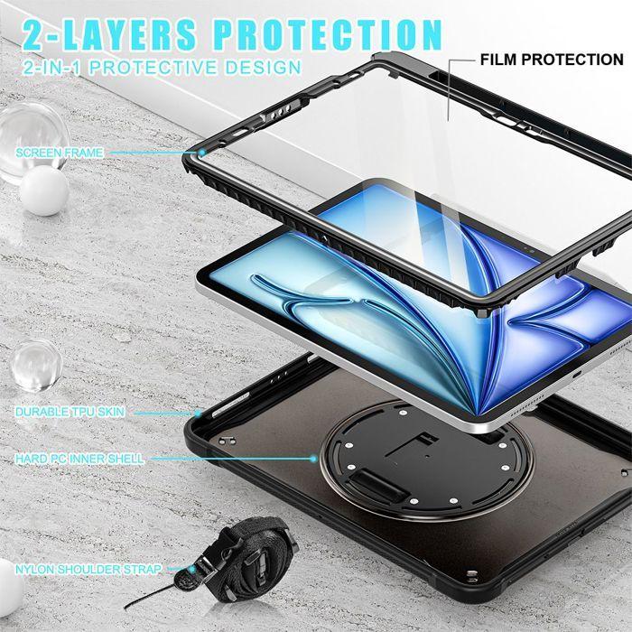 Hülle für iPad Air 11" - Vollständiger Schutz - Abnehmbarer Schultergurt - Stoßfest - Schwarz