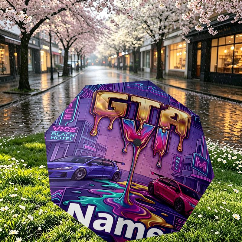 Custom Name Personalized Grand Theft Auto Print Umbrella, Auto Open Close, 8‑Rib Sturdy Frame, Commute Camping Hiking Use, Birthday Gift
