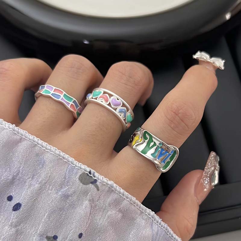 Korean Colorful Rainbow Letter Open Rings for Women Girls Vintage Creative Oil Dropping Adjustable Finger Couple Ring Jewelry