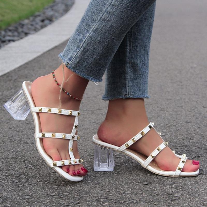 Large size sandals summer crystal heel with skirt slippers women's summer outer wear rivet sandals women's middle heel