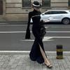 European and American niche design sense, high-grade black slim-fitting fishtail skirt, high-necked hollow-out split-end slim dress, dress