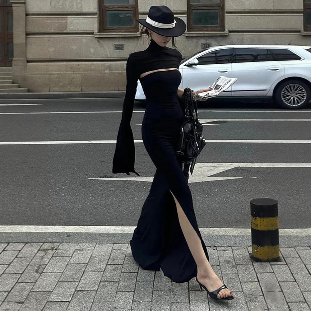 European and American niche design sense, high-grade black slim-fitting fishtail skirt, high-necked hollow-out split-end slim dress, dress